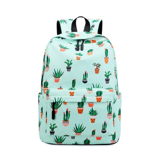 atinfor Brand Waterproof Nylon Lightweight Cactus Printing Backpack Women 16.5 inch Middle School Student Book Bag: Green