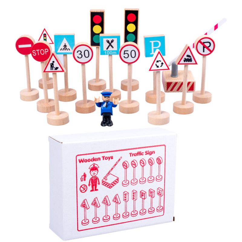 16PCS Colorful Wooden Street Traffic Signs Parking Scene Kids Children Education 97BD