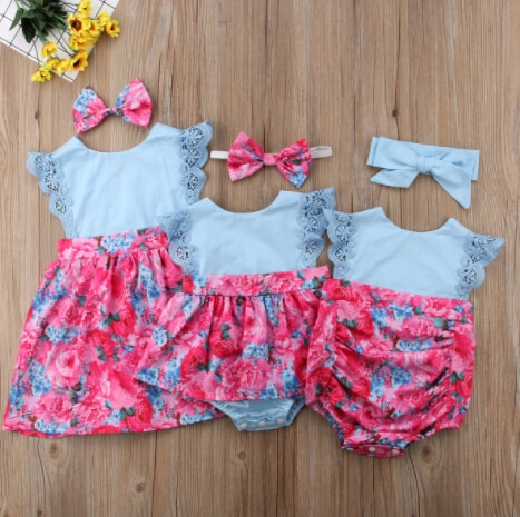 Sister Matching Outfits Summer Kids Baby Girls Sisters Lace Floral Romper Jumpsuit Dress Sundress Outfit