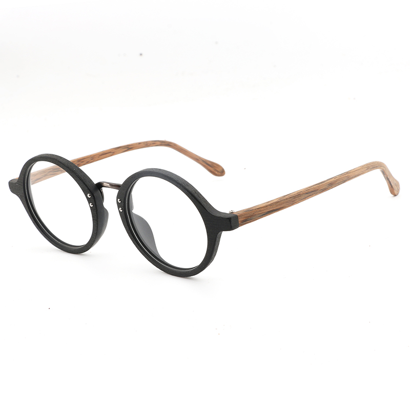 AZB Wooden Eyewear Frames Spectacle Retro Round Clear Glasses for Women Men Wood Optical Glasses Frame: black brown C86