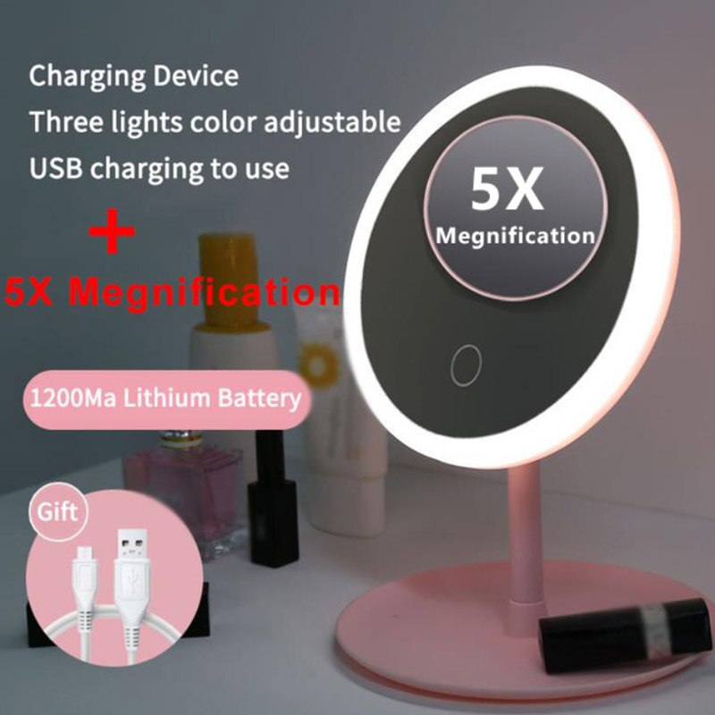 Round Makeup Mirror With Lights Led Vanity Mirror Lamp Adjustable Table Desk Cosmetic USB Face Mirror With Beauty Touch: Round 5