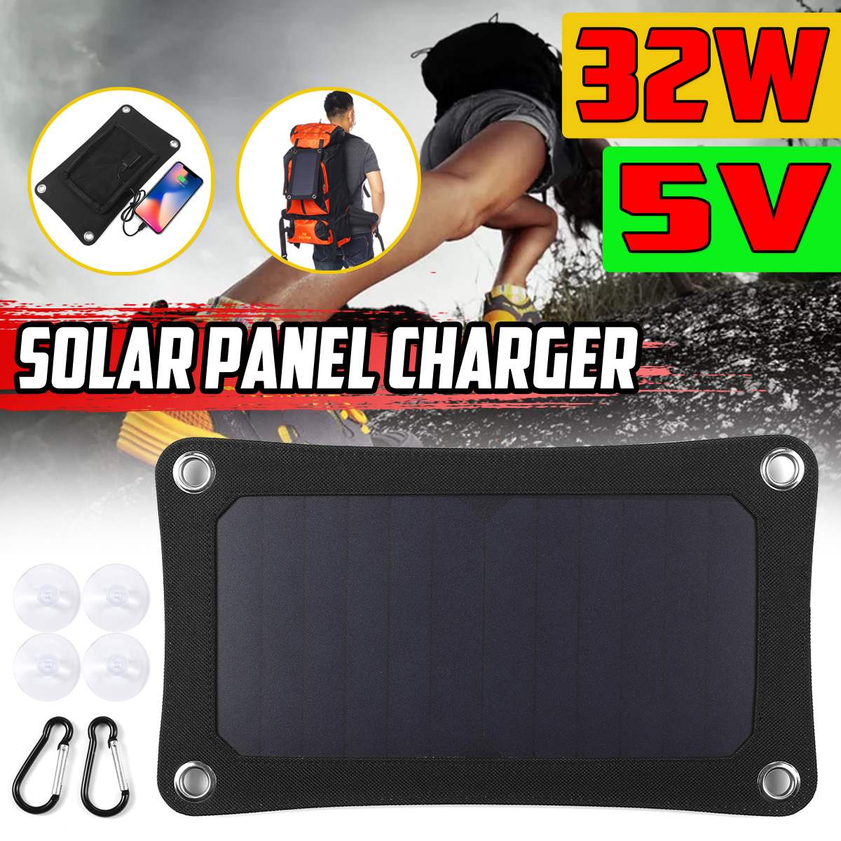 32W 5V Portable Solar Panel Charger Waterproof Solar Power Bank Sunpower Solar Cells USB Backpack Camping Hiking for Cell Phone