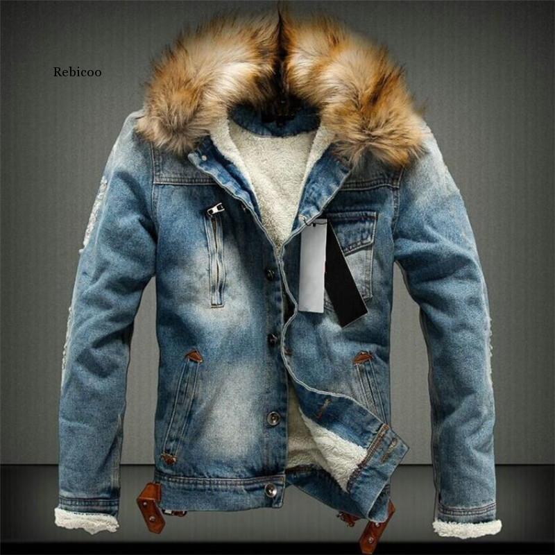 Mens Jacket with Denim Jacket Fur Collar Retro Jeans Jacket and Coat for Autumn Winter