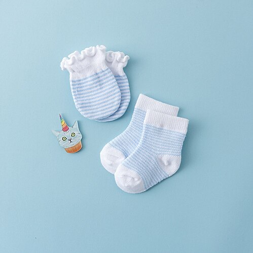 Baby Cotton Socks toddler Infants Anti-Scratch Gloves boys Soft solid Socks 0 to 1 years girls Gloves + Socks 1 set for baby: blue 1