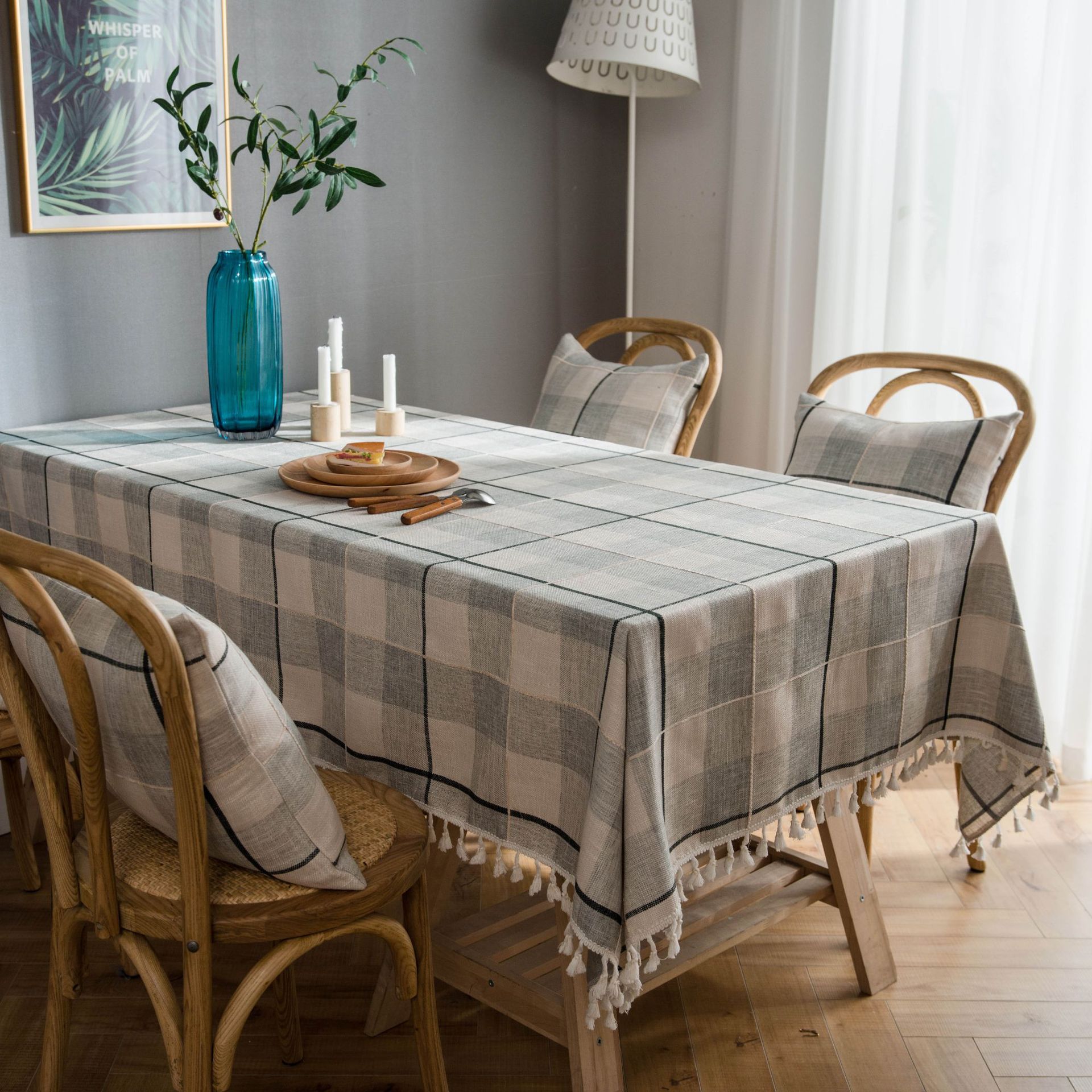 Moderne grå sjekk brodert dusk duk bomull lin rektangulært sofabord duk til spisestue og salongbord: 140 x 140 cm