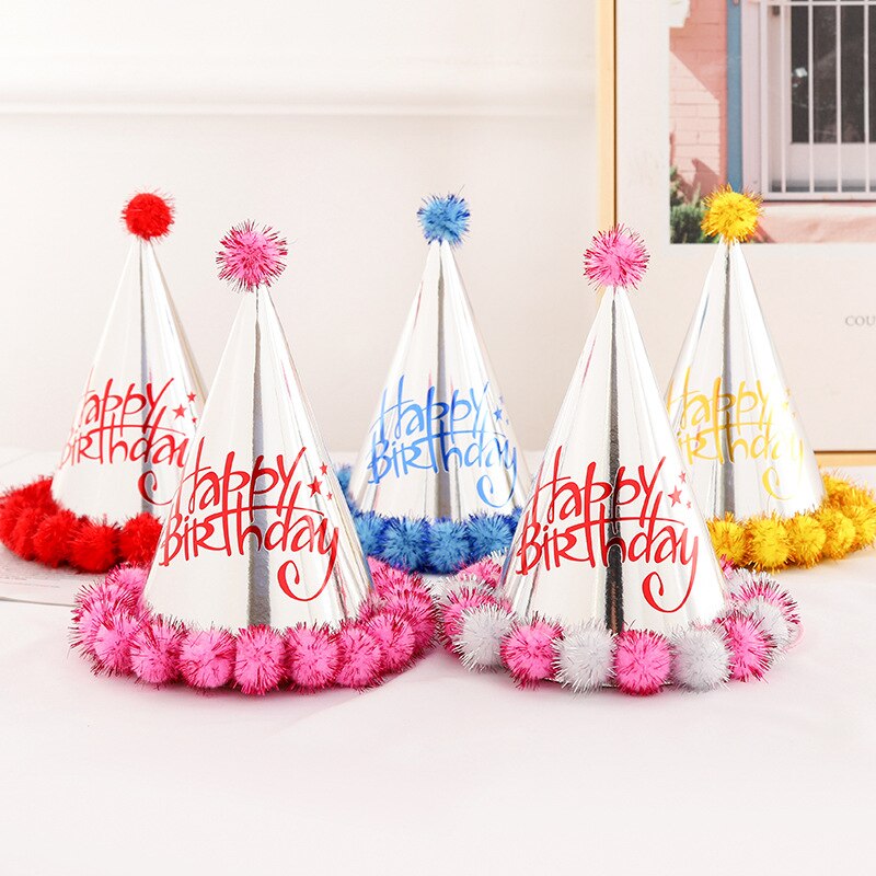 2pcs Birthday Cap Baby Kid Birthday Party Hat Child Crown Decoration Pompon Cap silver Birthday Hat Party decoration supplies