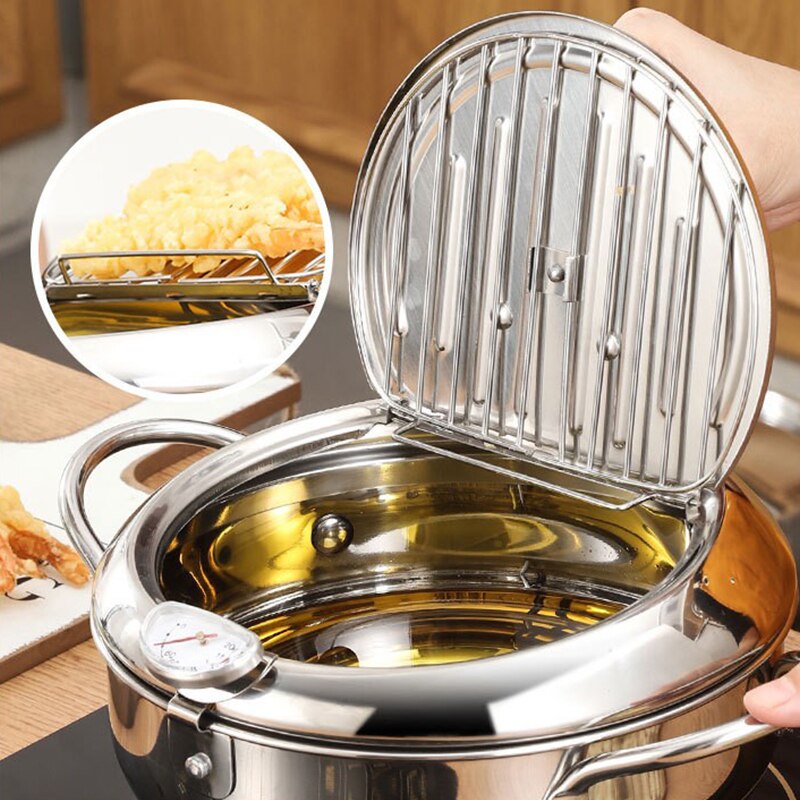 1 pz in acciaio inox coppa dell'olio termometro per uso domestico con coperchio Tempura friggitrice ad olio piccola padella per patatine fritte a risparmio energetico