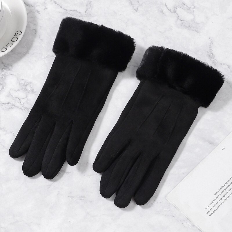 Femmes gants hiver écran tactile femme daim fourrure complet doigt gants dame hiver Sport de plein air conduite femmes gants: Black