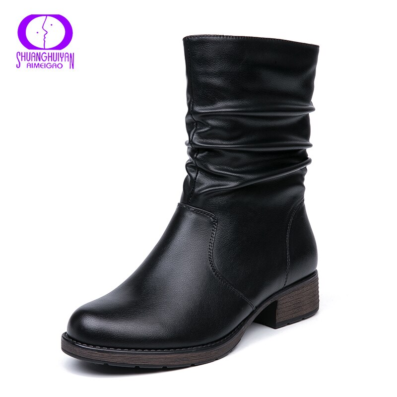 AIMEIGAO-Botas plisadas clásicas de lana para mujer, zapatos de cuero suave con cremallera, protección de trabajo ligera, impermeables, para invierno: Black / 9