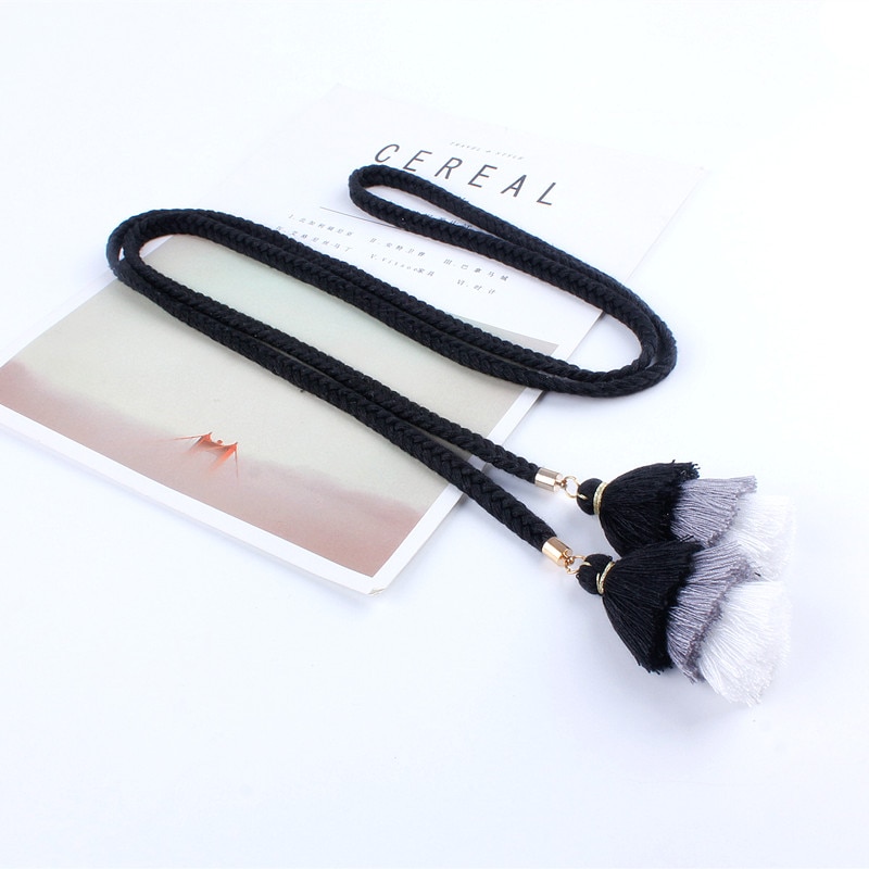 Cinturones de para mujer, cuerda para vestidos, cinturón de cintura trenzada con borlas, nudo tejido, cinturón decorado de algodón marrón y negro