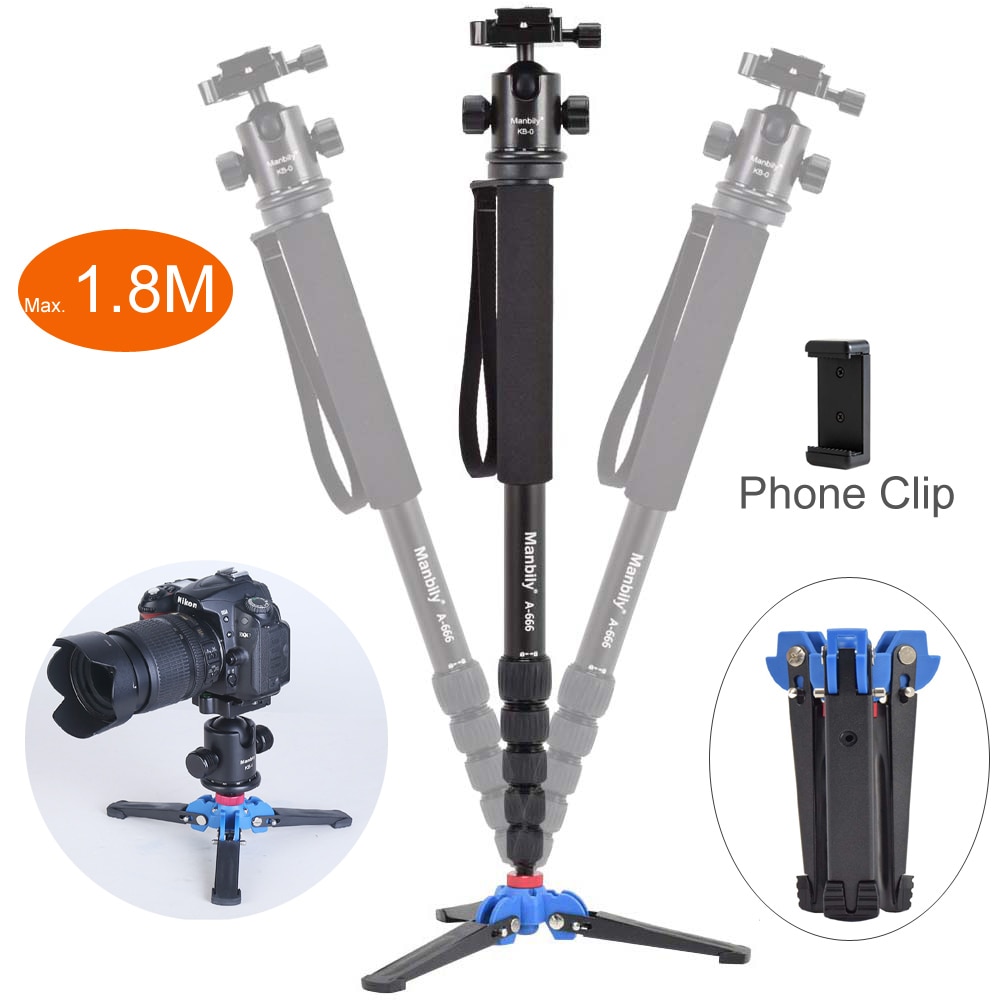 Manbily A-666 Professionele Draagbare Reizen Dslr Camera Monopod Statief Stand, KB-0 Balhoofd, M2 Stand Base, max Hoogte 1.8 M