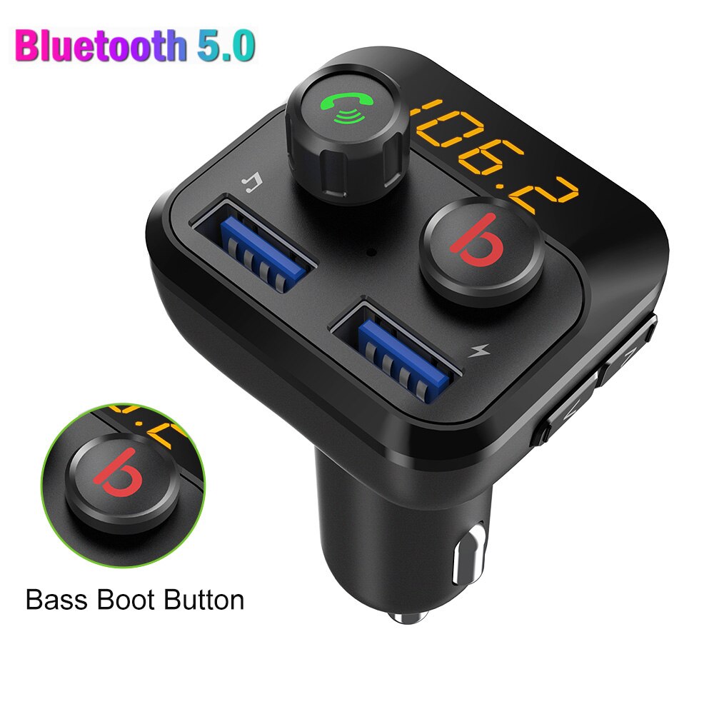 Konrisa Fm-zender Modulator Bluetooth 5.0 Handsfree Car Kit Bass Knop A2DP Muziekspeler Dual USB Ondersteuning Tf-kaart U -schijf