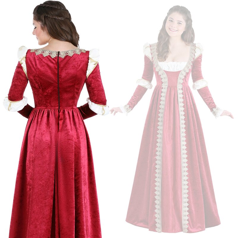 Vrouwen Middeleeuwse Kostuum Vintage Renaissance Prinses Jurk Vierkante Kraag Lace Up Paleis Koningin Vestido Middeleeuwse Avondjurk