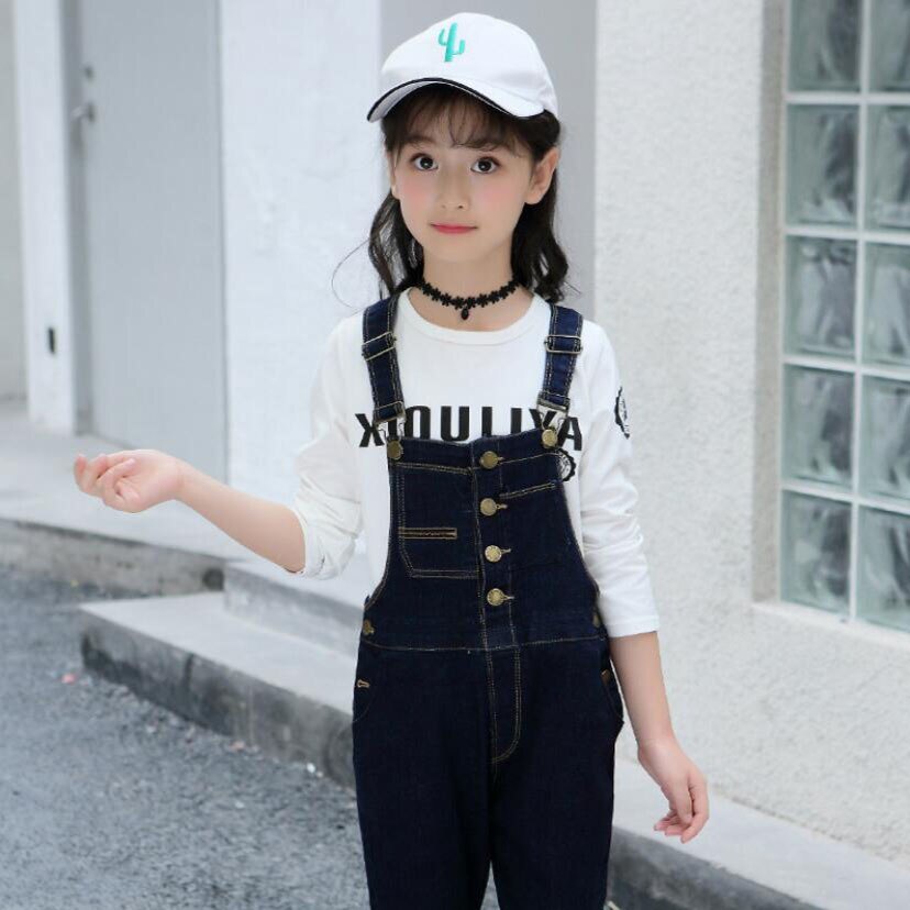 Dziewczęce ogrodniczki jeansowe na wiosnę i jesień, 3-13t spodnie na szelkach, solidne, codzienne, jeansowe, dla dziewczynek