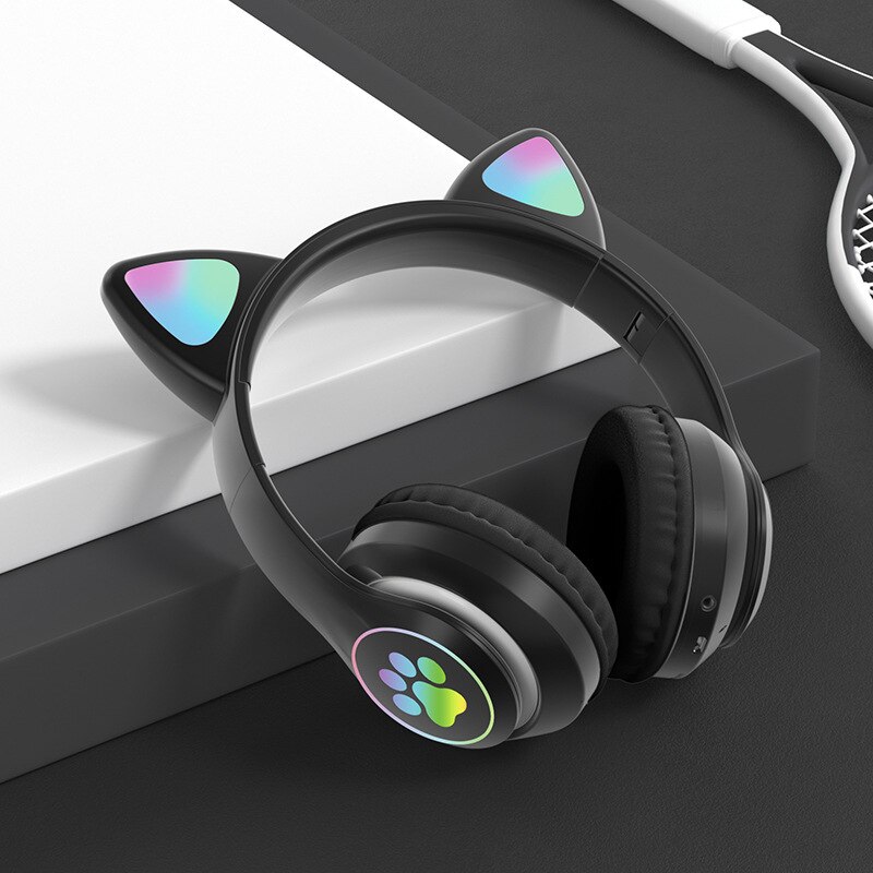 Écouteurs sans fil bluetooth, casque d'écoute lumineux coloré, basse forte griffe de chat, jeu, affichage de batterie, commande vocale, musique!: Black
