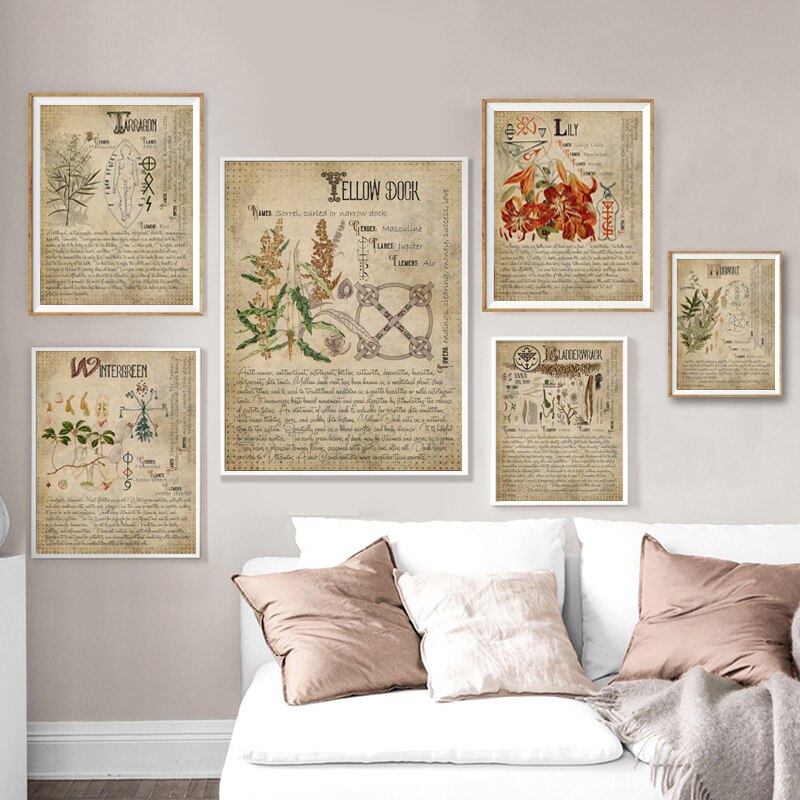 Book of Shadows Poster Pages of Herbs Prints Witchcraft Herbal Grimoire BOS Sheets Magic Painting Herbarium Decoration