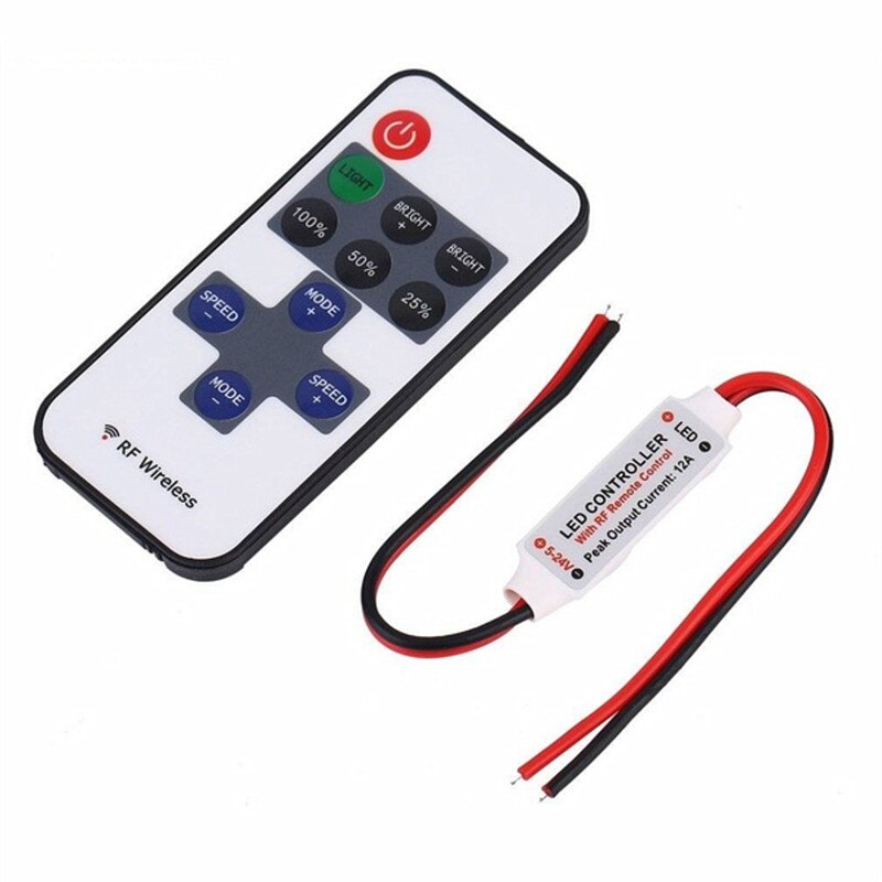 Mini  dc 5v 12v 24v rf trådløs led-controller lysdæmper 12a enkeltfarvet controller til striplys 3528 5050 5630 3014 led strip: Rød sort ledning