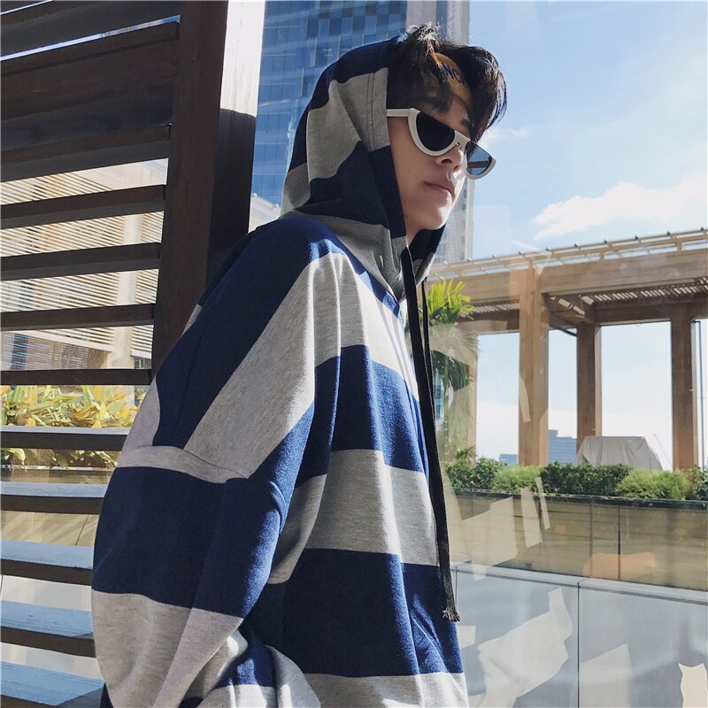 Spring And Autumn Youth Trend Japanese Wild College Wind Boys Leisure Loose Color Hooded Striped