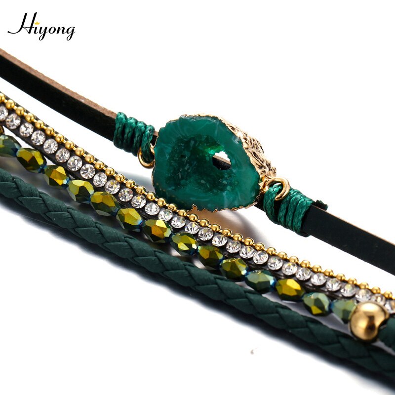HIYONG Green Multilayer Leather Bracelet Vintage Magnet Buckle Bracelets Crystal Rhinestone Wrap Bracelet Boho Female Jewelry