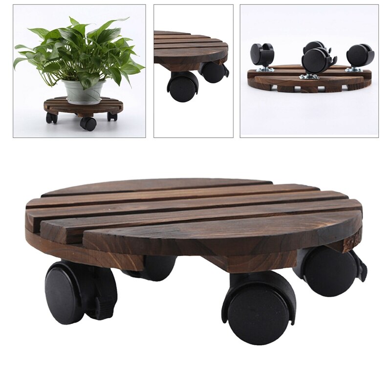 Movable Plant Stand Caddy Round Flower Pot Wooden Trolley Mover With Wheels
