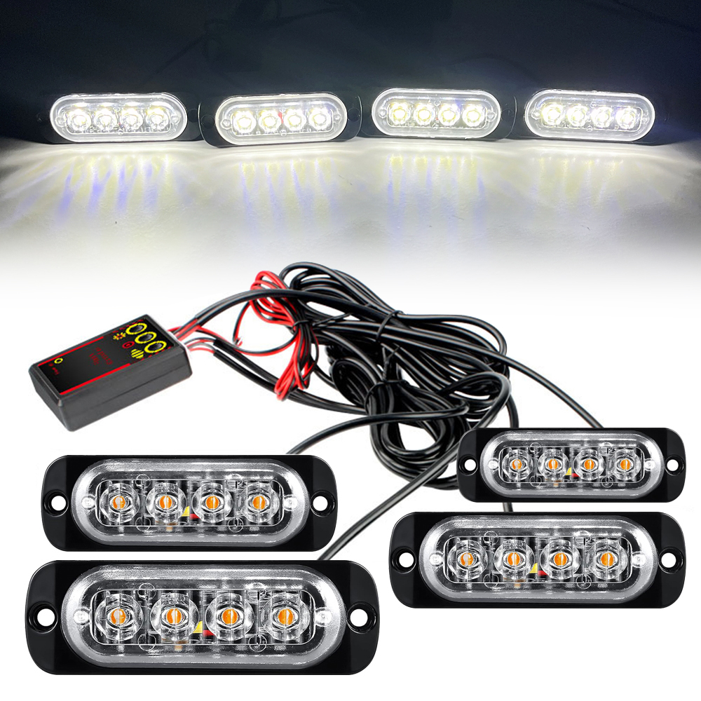 Luz LED para parrilla de coche 4 en 1, luces LED de advertencia intermitentes, barra, camión de bomberos, motocicleta, policía, lámpara de emergencia, lámpara para remolque SUV, 12/24V: Cristal azul