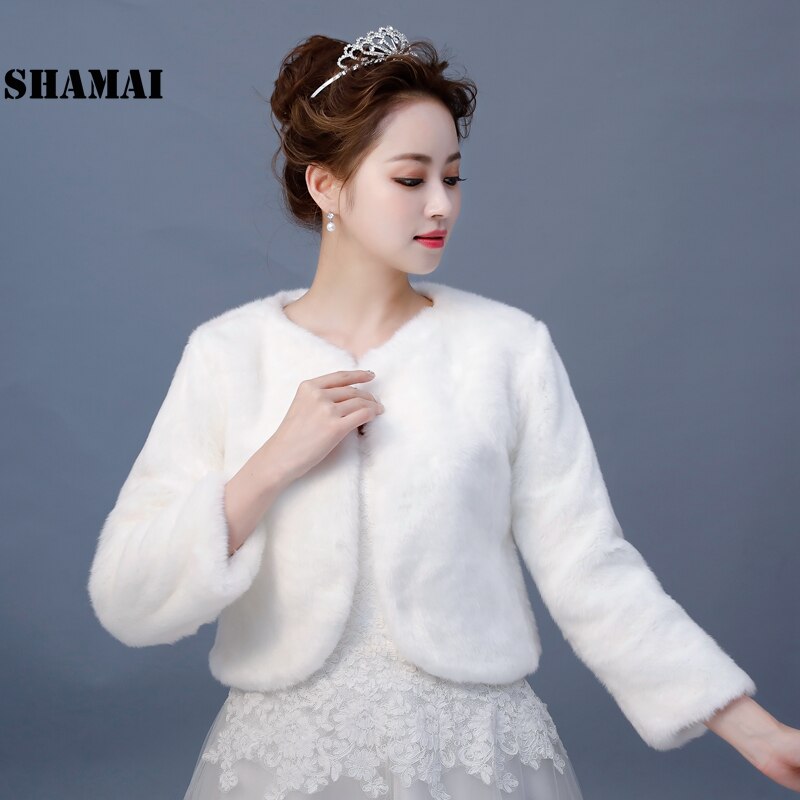 Faux Fur Wedding Jacket 3/4 Sleeves Bridal Coat Fall Winter Warm Bride Bolero In Stock Ivory Wedding Accessoriies