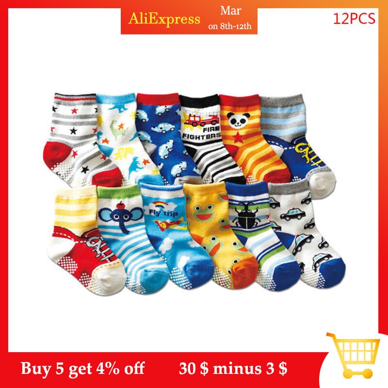 12 Pairs/ Pack Kids Socks Assorted Non-Skid Ankle Cotton Pattern Socks with Grip