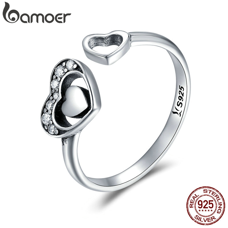 BAMOER 925 en argent Sterling coeur en coeur pavé CZ ouvert bague en cristal anneaux pour les femmes authentique argent bijoux SCR168