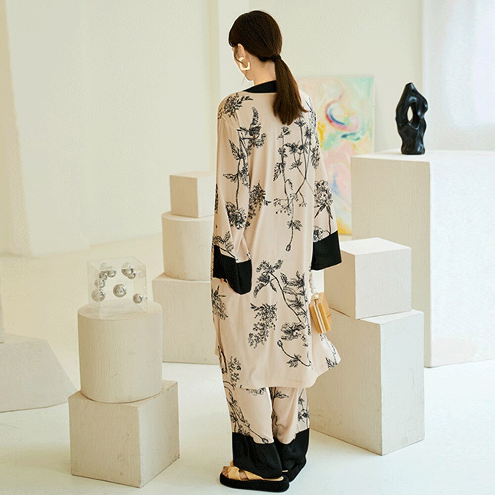Pyjama en Satin de soie pour femmes, ensemble 2 pièces, imprimé chinois, Kimono, vêtements de nuit pour femmes, vêtements de détente, manches longues, chemise de nuit