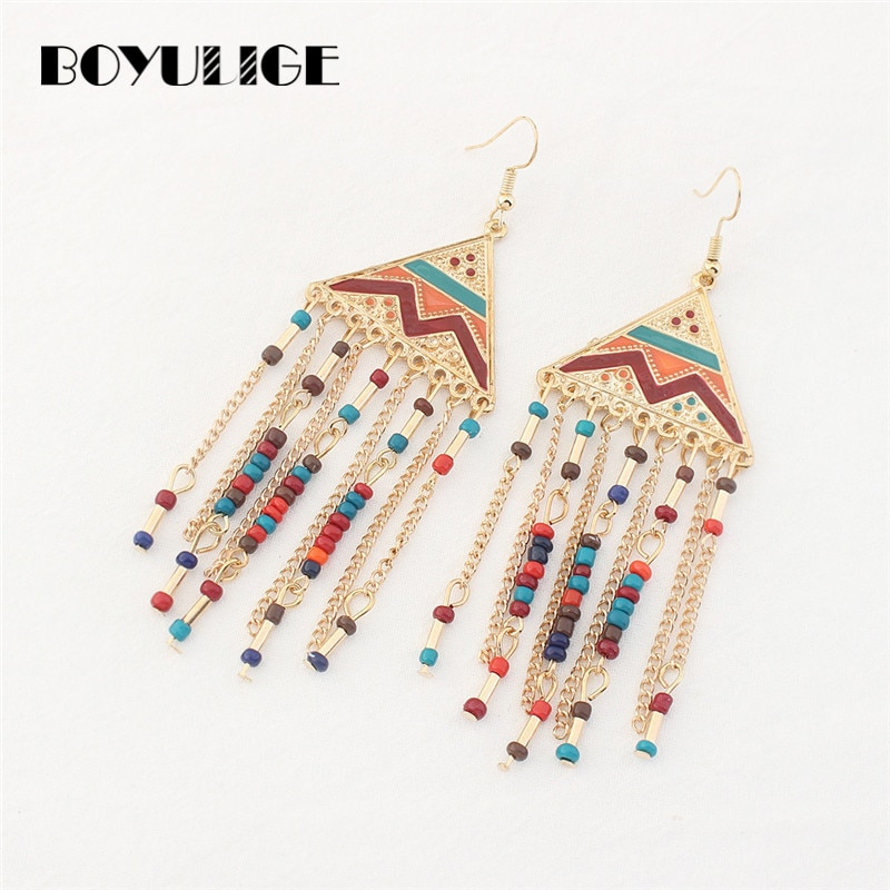 Boyulige Geometrie Driehoek Egyptische Piramide Stijl Kralen Kwastje Etnische Oorbellen Vrouwen Vrouwelijke Dames Vintage Boho Sieraden