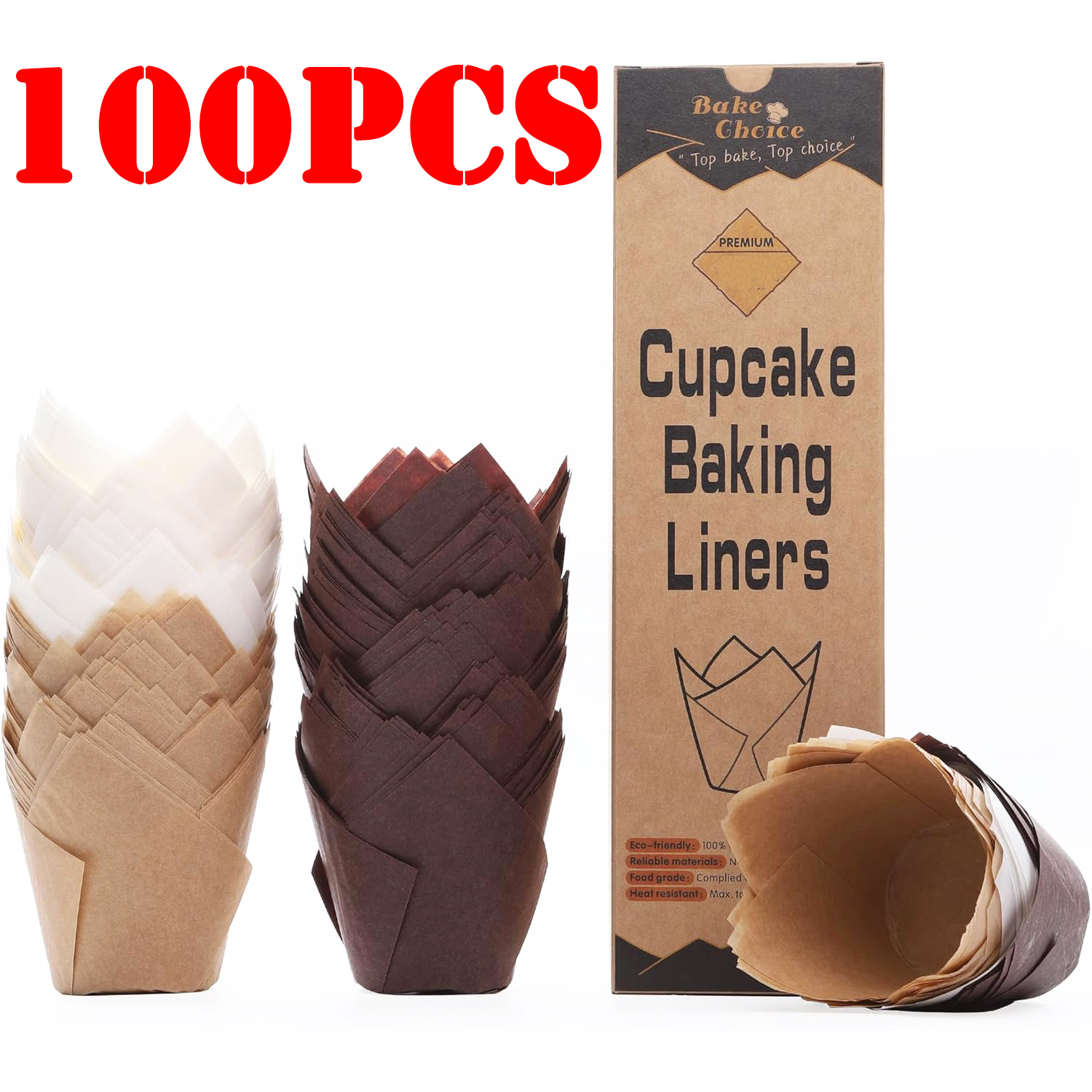 100 stk. tulipanforme til cupcakeforme, papirforme til muffins, cupcakepapir til fest, hjemmelavet kageform, bagepapir, værktøj, indpakningsetui
