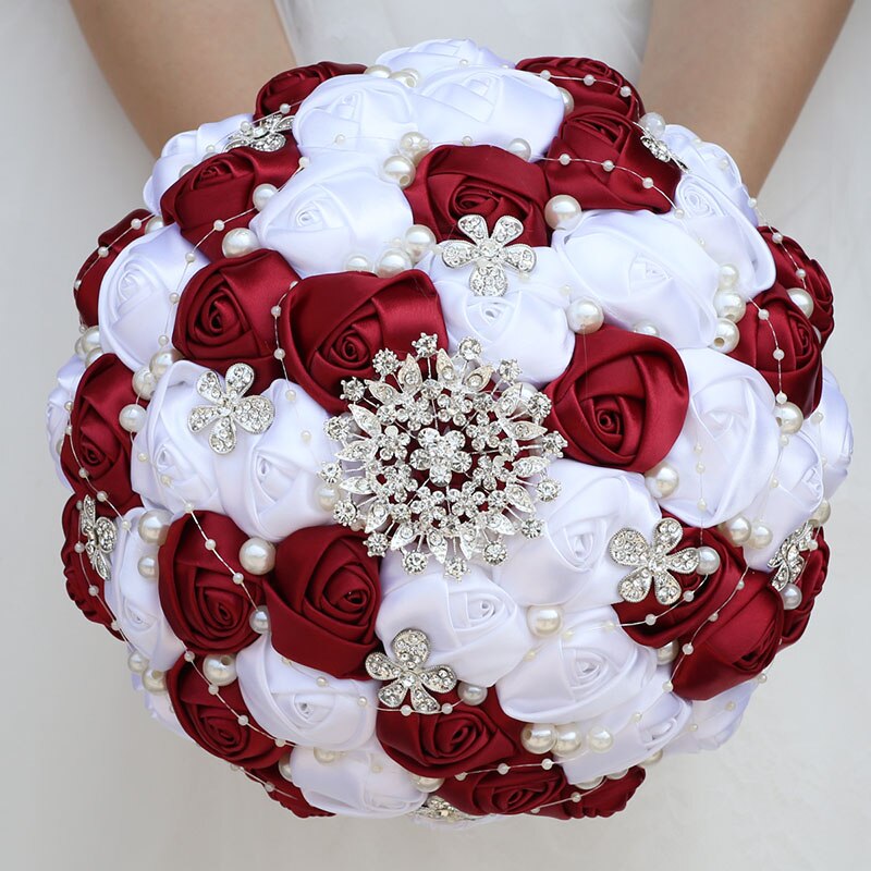 Handmade Ribbon Wedding Rose Flowers Rhinestone Bridal Bouquets Pearl Bridal Holding Bouquet Fleur Artificielle Mariage W224D: 24cm dark red