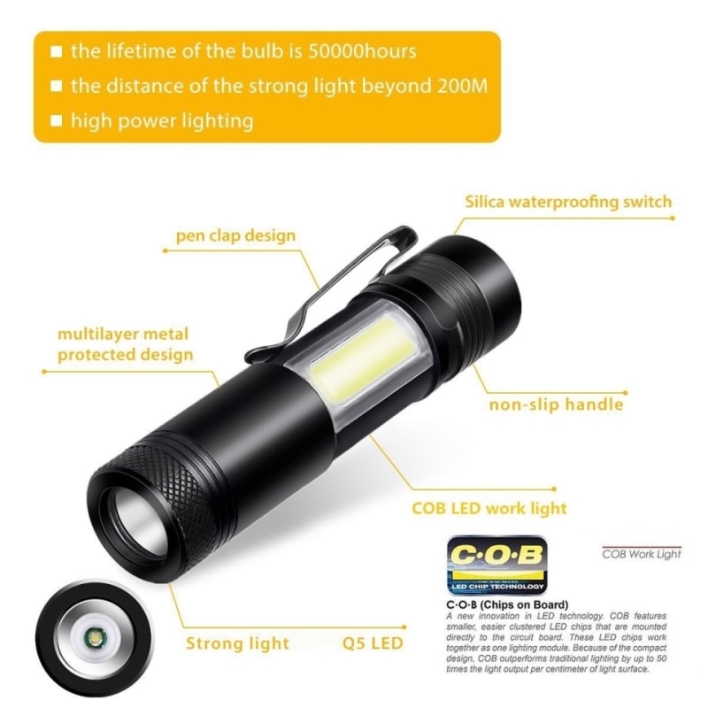 Super Bright Adjustable led torch Flashlight 3800LM XML-Q5+COB LED Flashlight Use AA 14500 Battery Waterproof for fishing