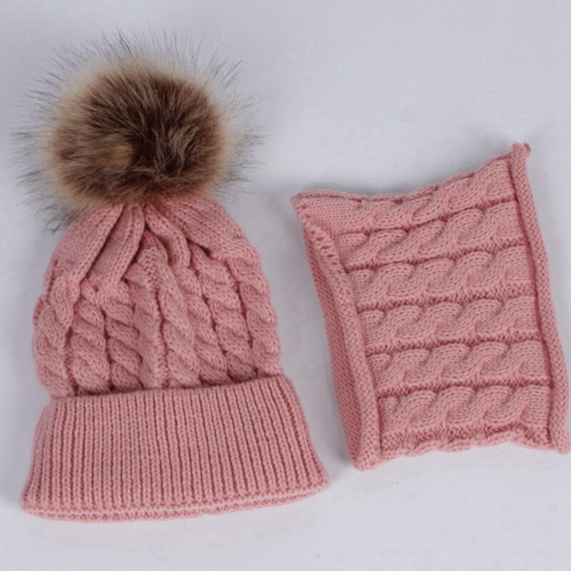 WZCX Kind Pompom Muts Sjaal Vrouwen Set Warm Houden Effen Kleur Casual Breien Dikker Baby Beanie Ski Cap