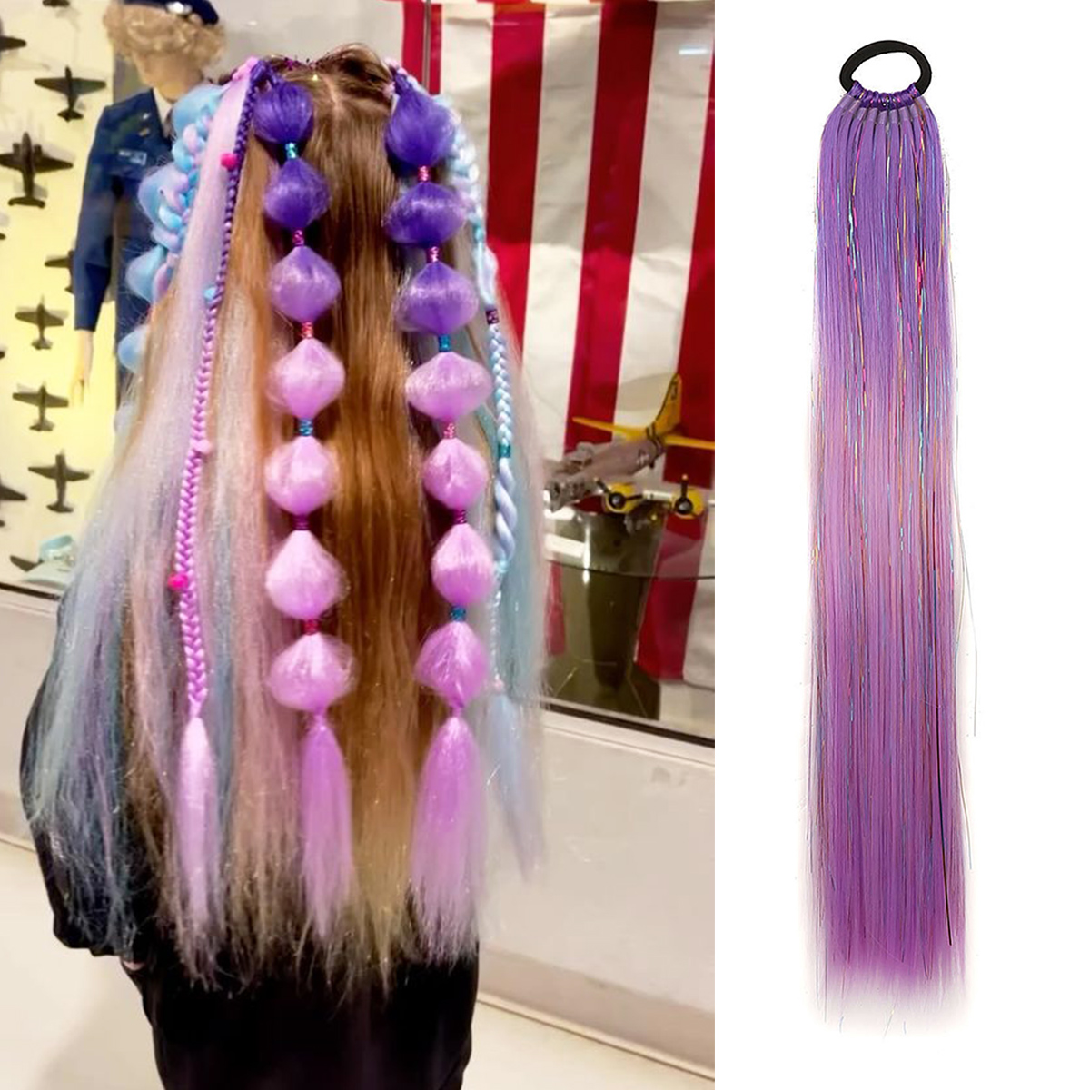 Extensão de rabo de cavalo roxo azul com laço de cabelo elástico glitter trança de cabelo para crianças meninas cabelo louco dia corajoso cabelo: ROXO