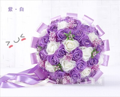 Fioletowy bukiet ślubny sztuczne 45 sztuk sztuczny kwiat róży z wstążka duży bukiet ślubny kwiaty druhny suknie ślubne uchwyt na: purpurowy biały