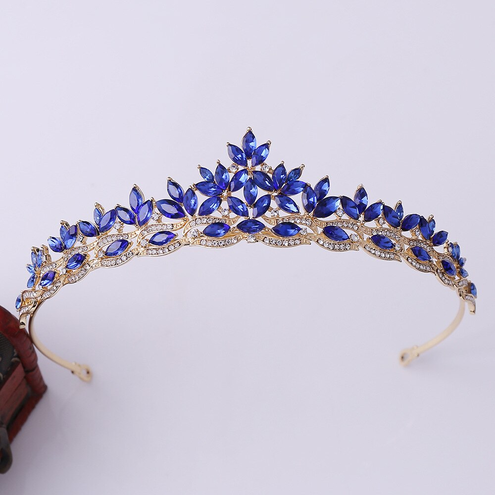 Mode Eenvoudige Crystal Leaf Bridal Tiara Kroon Prinses Queen Rhinestone Pageant Diadeem Bruiloft Haaraccessoires Tiara De Noiva: Gold Blue