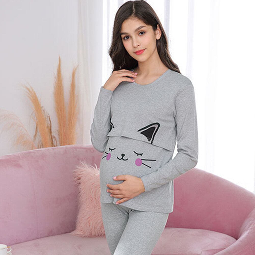 Conjunto de pijama de Enfermería de maternidad de animales de dibujos animados pantalones de lactancia materna de manga larga fácil de amamantar para niños