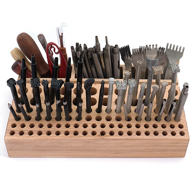 24/46/68/76/98 Holes Wooden Leathercraft Rack Stand DIY Carving Punching Tools Holder Organizer Storing Leather Tool Storage Box