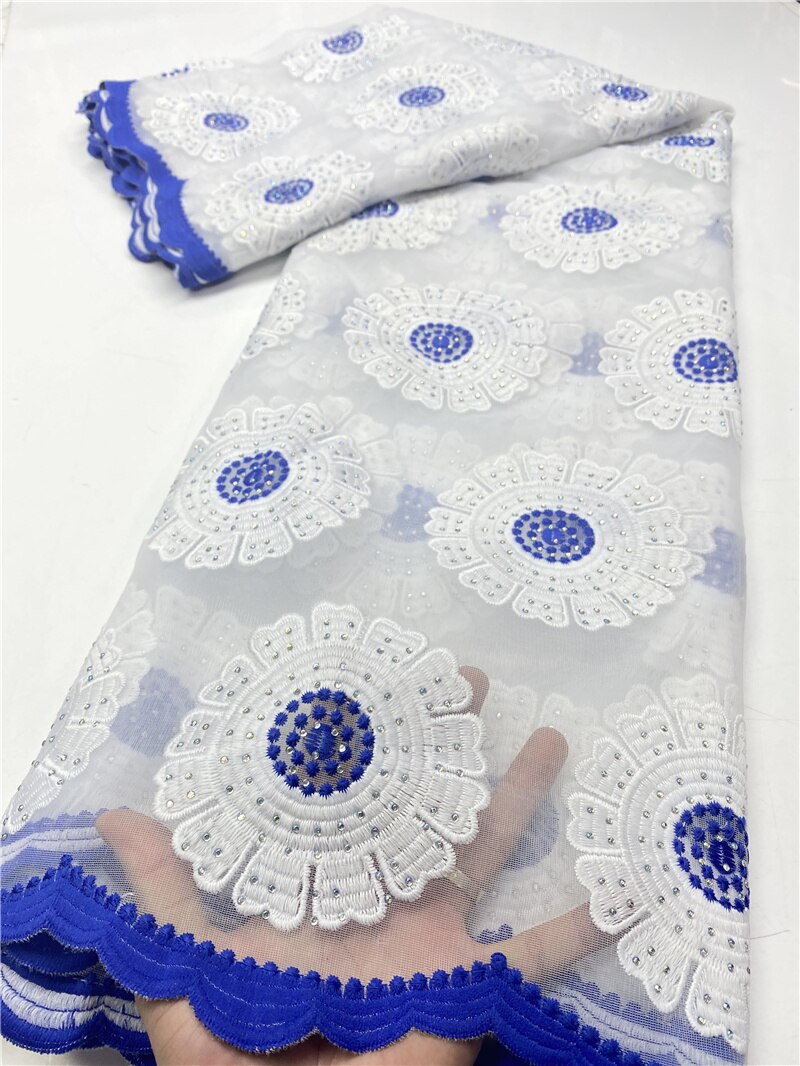 Latest Embroidery French Tulle Lace Fabric With Stones Pure White African Lace Fabric For Wedding Party Sewing YA3652B-2: Picture 2