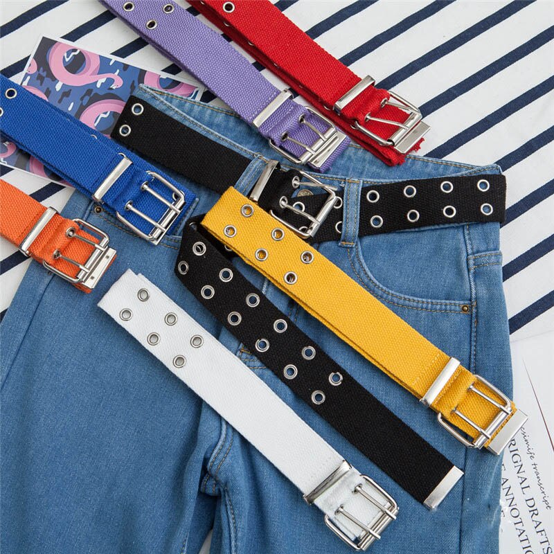 Punk Casual Canvas Unisex Riem Dubbele Rij Gaten Pin Vierkante Gesp Taille Riem Wit Zwart Student Vrouwen Mannen Jeans tailleband