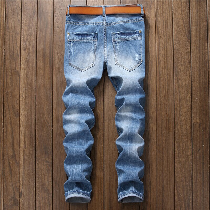 Tynde mænds ripped jeans lyseblå straight jeans casual all-match street hipster behagelig