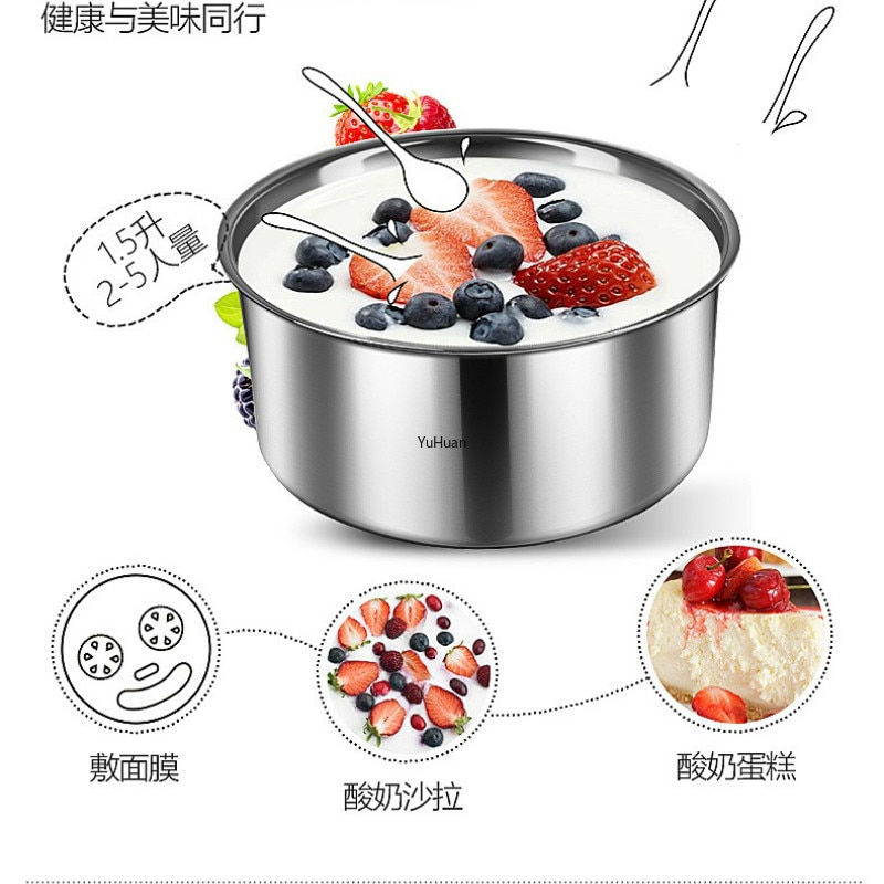 Stor kapacitet 1.5l rustfrit stål yoghurt maskine fuldautomatisk husholdningskop risvin og natto gæringsmaskine