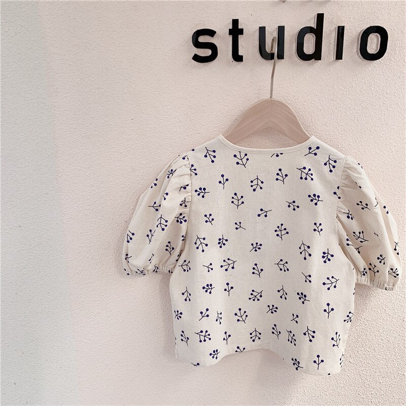 Camisas florales de manga abombada de estilo japonés para niñas, camisa holgada de lino 2022 con estampado de un solo pecho, ropa: 3T