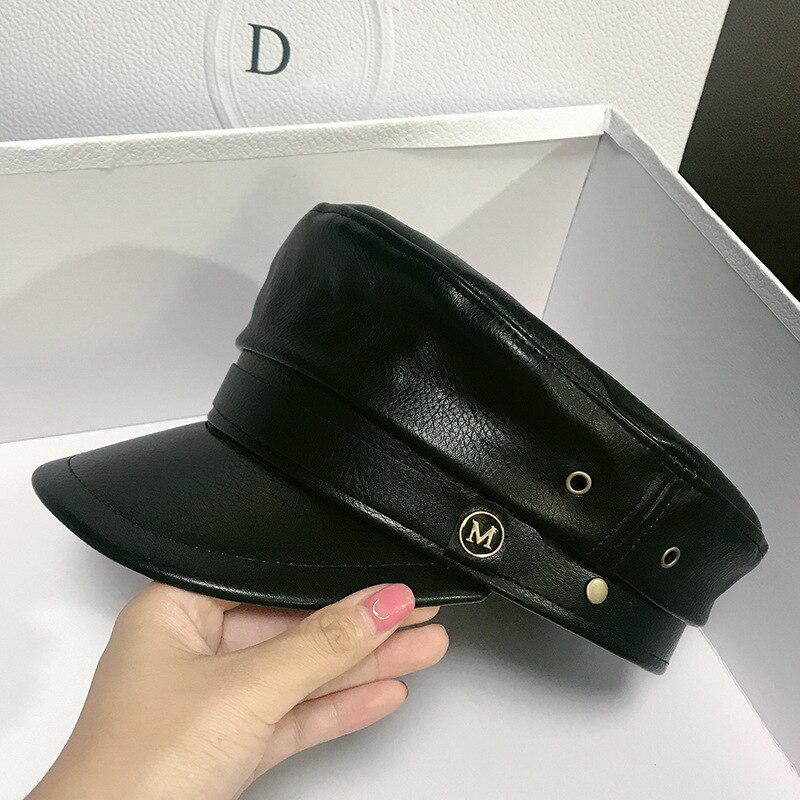 Boina mujer Otoño Invierno sombreros para las señoras de las mujeres 100% de cuero de la Pu de la Boina gorra Boina femenina Gorras hueso Vintage Inglaterra negro