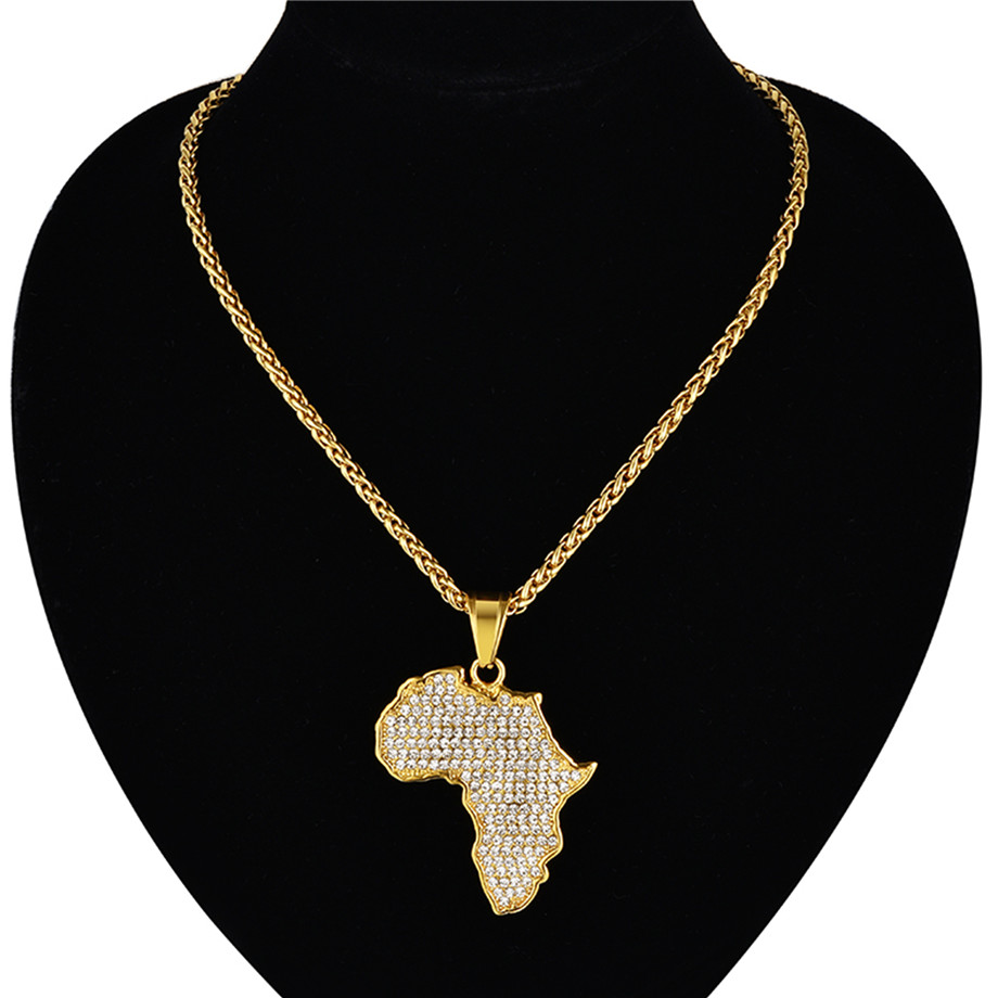 Collar con colgante de mapa de África para mujer y hombre, joyería etíope de acero inoxidable de Color dorado, artículo de hip hop de mapas africanos al por mayor N1279