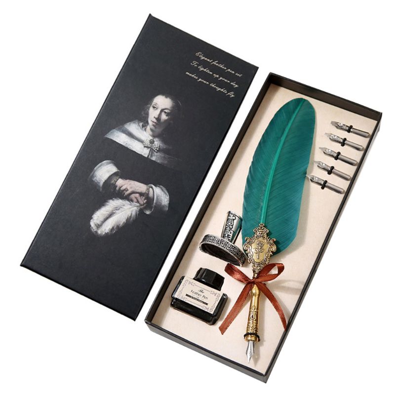 Retro Classical Feather Quill Dip English Calligraphy Fountain Pen with Writing Ink 5 Nibs Kit Set Stationery Box B36C: Green