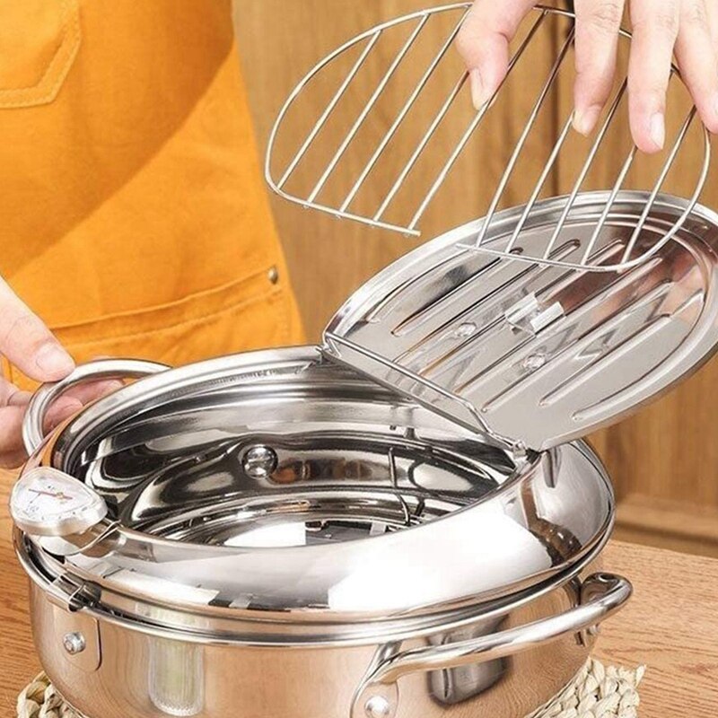 Deep Frying Pot with a Thermometer,Lid&Chopsticks Stainless Steel Kitchen Fryer Pan,Fryer Pan,Uncoated Fryer 24 cm