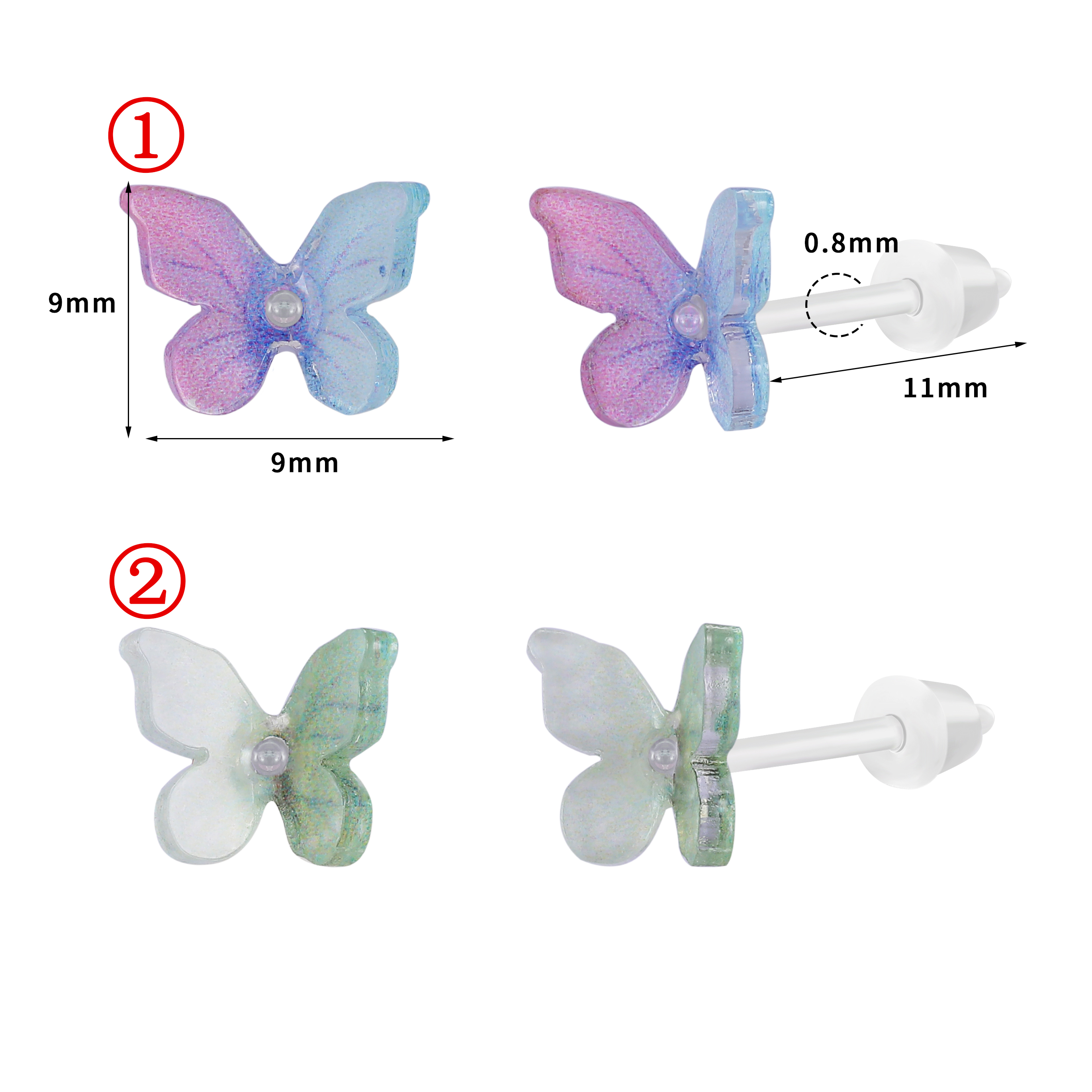 ZS 1 paire de boucles d'oreilles colorées en forme de papillon 20G boucles d'oreilles en acrylique Anti-allergie mignon oreille Cartilage Helix conque piercings