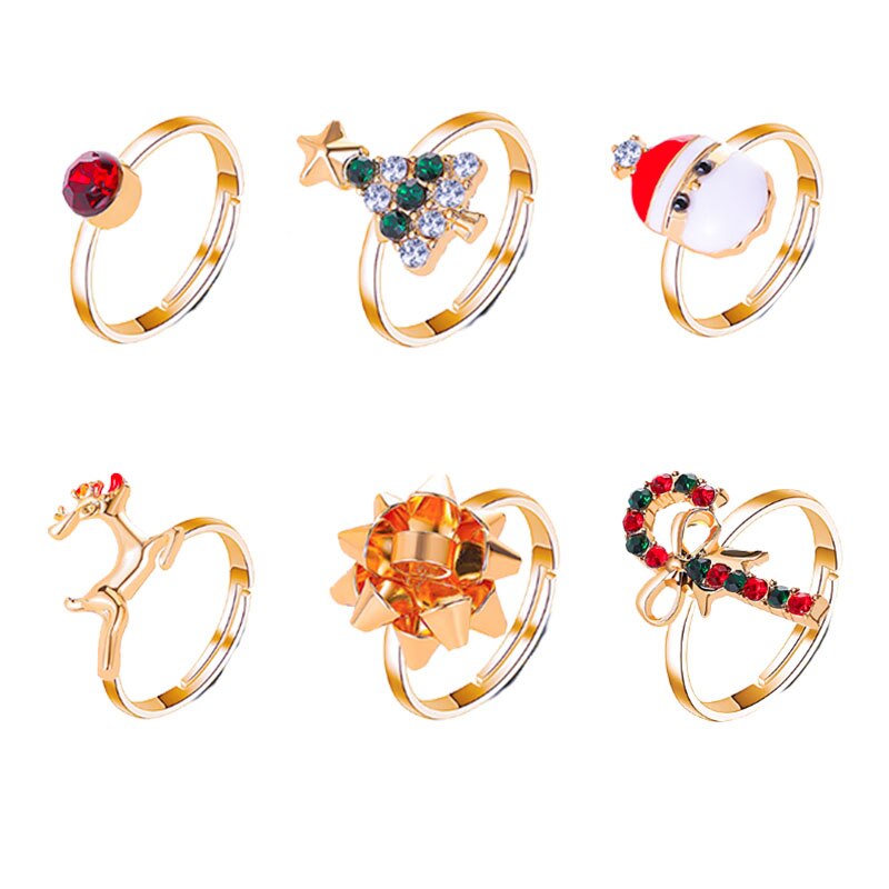6-piece conjunto de bonito dos desenhos animados elk árvore de natal anel abertura ajustável liga moda senhoras enfeites de natal presentes do feriado: Default Title